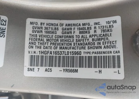2007 Honda Civic Lx z USA, uszkodzony, nr VIN 1HGFA16537L015960